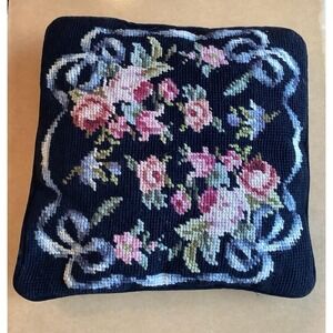 Vintage C&F Enterprises Black Needlepoint Pillow Small Throw Pillow 10x10